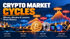 Crypto market cycles infographic showing Bitcoin and altcoins, historical bull and bear markets, accumulation phases, and major crypto trends from 2013 to 2025.