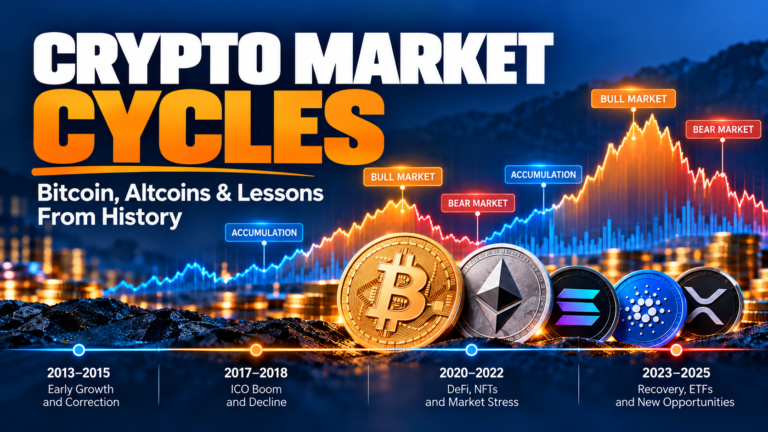 Crypto market cycles infographic showing Bitcoin and altcoins, historical bull and bear markets, accumulation phases, and major crypto trends from 2013 to 2025.