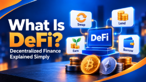Decentralized finance (DeFi) illustration showing cryptocurrency swapping, lending, borrowing, staking, and earning through blockchain technology.