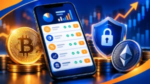 eginner comparing cryptocurrency exchanges, trading fees and security features on a smartphone