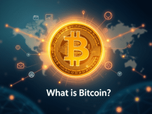 Illustration of Bitcoin symbol glowing on a digital network background representing beginner-friendly guide to what is Bitcoin