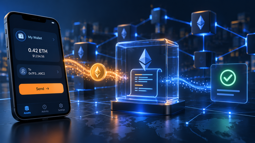 Smart contract executing an Ethereum transaction from a crypto wallet on a blockchain network