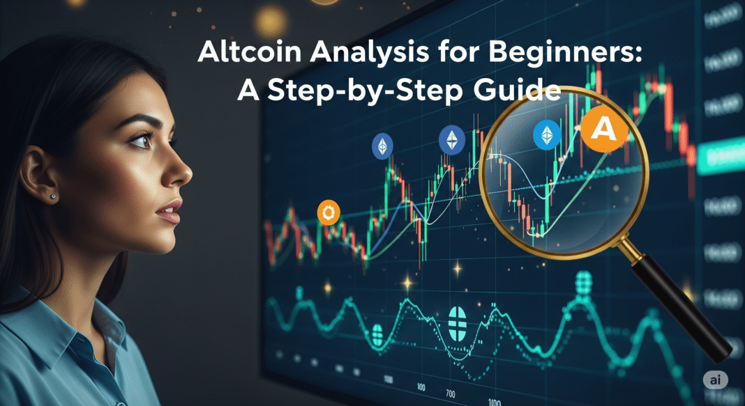 A young woman intently analyzing a crypto chart with a magnifying glass, illustrating altcoin analysis for beginners, with the article title 