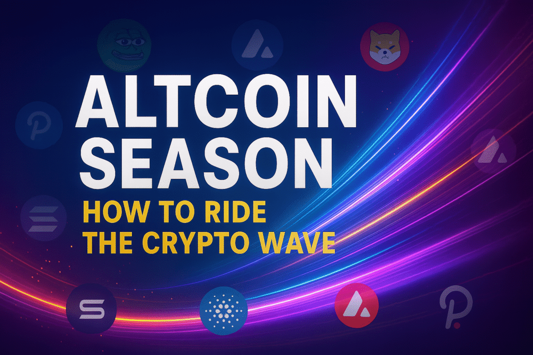Vibrant digital illustration representing Altcoin Season 2025, featuring upward-trending crypto charts, popular altcoin logos like Solana, Shina Inu, Pepe, Cardano, and Avalanche, with Bitcoin fading into the background