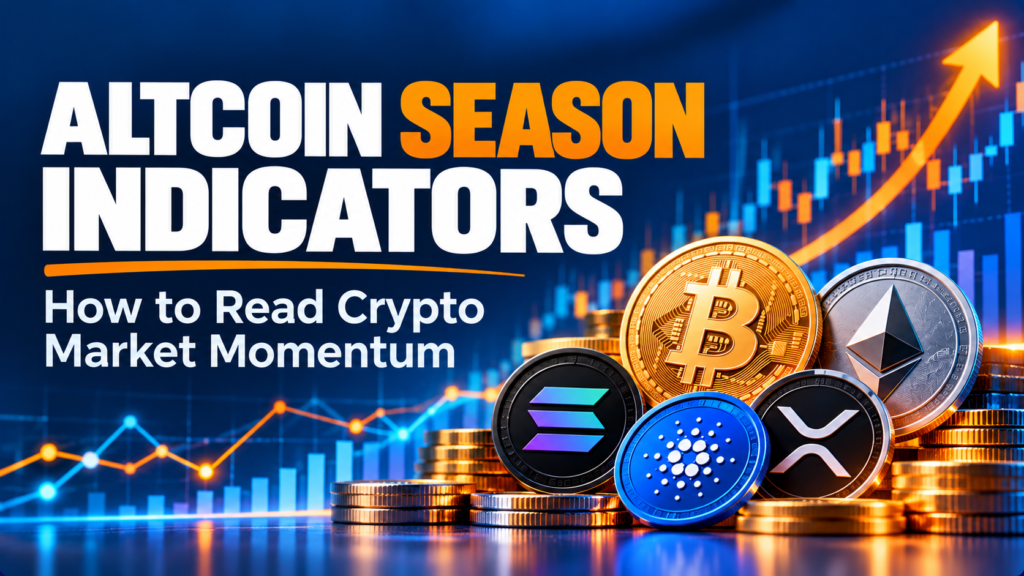 Altcoin season indicators infographic featuring Bitcoin, Ethereum, Solana, and other cryptocurrencies with market charts illustrating crypto momentum and trends.
