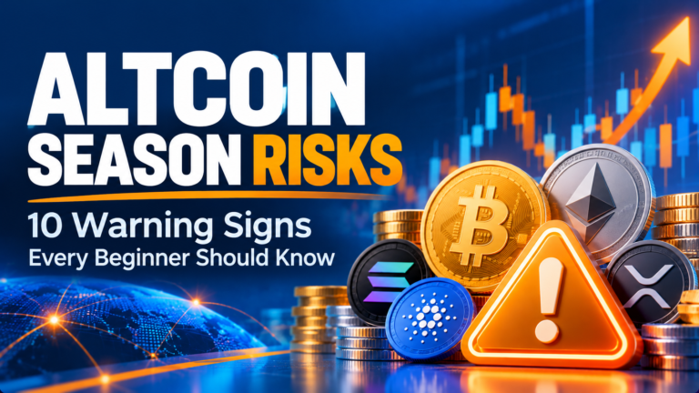 Altcoin season risks infographic showing Bitcoin and altcoins, an orange warning symbol, and 10 warning signs for crypto beginners.