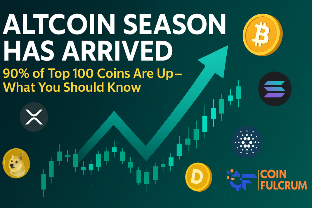 Digital infographic showing bullish altcoin market trends with upward-pointing graphs, Bitcoin, Ethereum, and trending altcoin logos, symbolizing the rise of Altcoin Season in 2025.