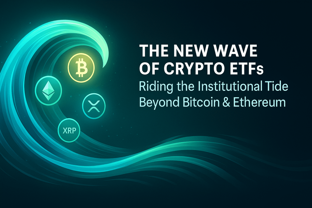 A glowing digital wave in teal and green hues flows across a dark background, carrying cryptocurrency icons for Bitcoin, Ethereum, XRP, and Solana. The text reads “The New Wave of Crypto ETFs: Riding the Institutional Tide Beyond Bitcoin & Ethereum.” The image conveys innovation and the rise of altcoin-focused ETF investments.