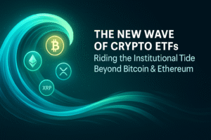 A glowing digital wave in teal and green hues flows across a dark background, carrying cryptocurrency icons for Bitcoin, Ethereum, XRP, and Solana. The text reads “The New Wave of Crypto ETFs: Riding the Institutional Tide Beyond Bitcoin & Ethereum.” The image conveys innovation and the rise of altcoin-focused ETF investments.