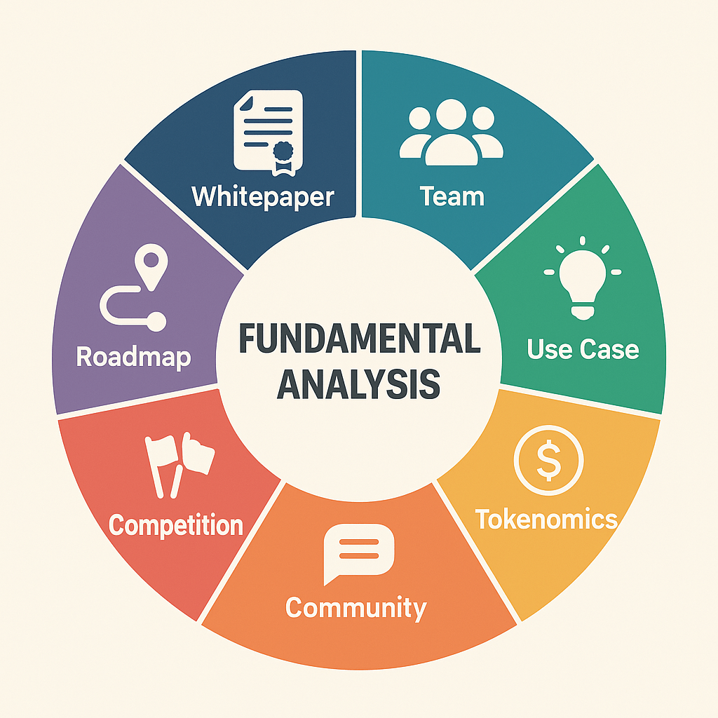 Circular infographic illustrating the key components of fundamental analysis in cryptocurrency, including Whitepaper, Team, Use Case, Tokenomics, Community, Competition, and Roadmap, each represented with labeled segments and icons