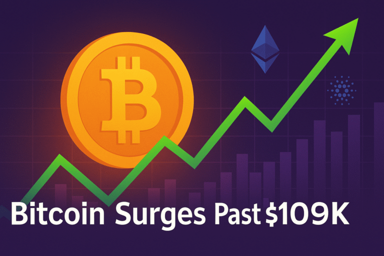 A vibrant digital illustration showing a glowing Bitcoin coin and a sharp upward graph breaking past $109K, with Ethereum and other altcoin icons in the background, celebrating the bullish crypto market momentum.