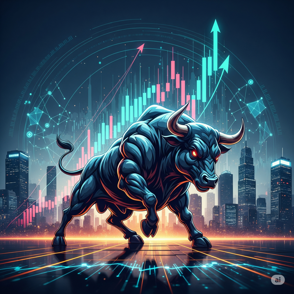 A powerful, stylized blue bull with glowing red eyes charges forward, symbolizing a strong cryptocurrency bull market. In the background, upward-trending financial bar charts in pink and blue rise above a digital cityscape with glowing lines, representing blockchain patterns and data flow.