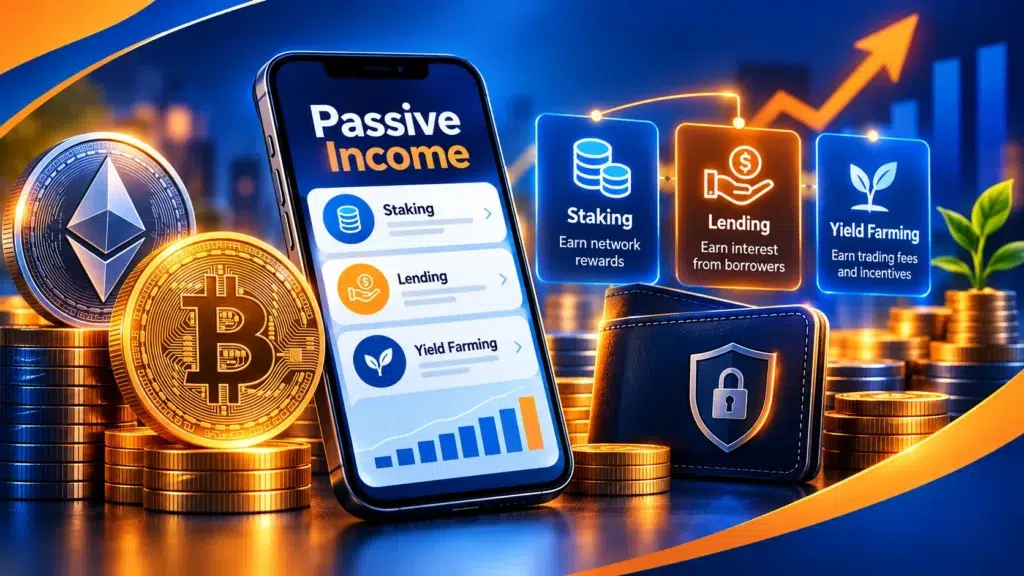 Crypto passive income illustration featuring Bitcoin, Ethereum, staking, crypto lending, yield farming, and a secure digital wallet.