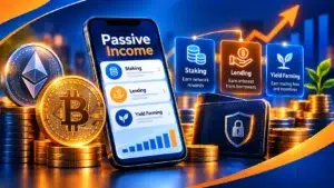 Crypto passive income illustration featuring Bitcoin, Ethereum, staking, crypto lending, yield farming, and a secure digital wallet.