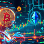 Abstract illustration of artificial intelligence analyzing cryptocurrency charts with Ethereum and Bitcoin symbols, representing predictive trading technology in 2025