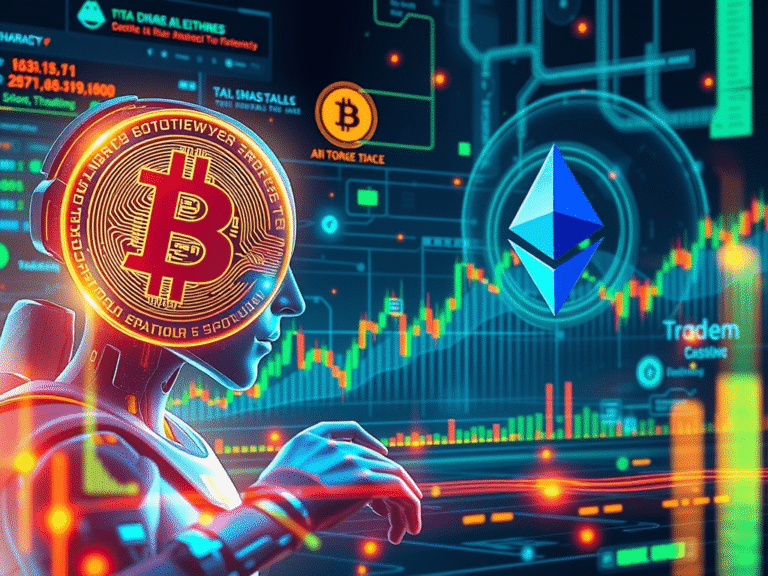 Abstract illustration of artificial intelligence analyzing cryptocurrency charts with Ethereum and Bitcoin symbols, representing predictive trading technology in 2025