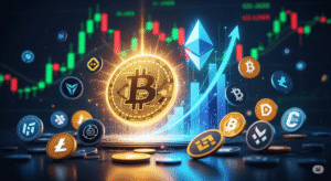 Dynamic representation of the cryptocurrency market with a glowing Bitcoin coin, an upward-trending Ethereum symbol, and various altcoin logos against a digital market screen displaying green and red indicators.