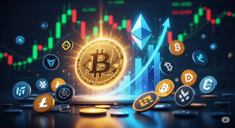 Dynamic representation of the cryptocurrency market with a glowing Bitcoin coin, an upward-trending Ethereum symbol, and various altcoin logos against a digital market screen displaying green and red indicators.