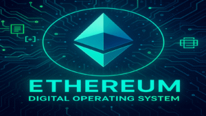 A high-resolution digital illustration of the Ethereum logo surrounded by circuit patterns and smart contract symbols, set against a futuristic blockchain-themed background in electric blue and neon green.