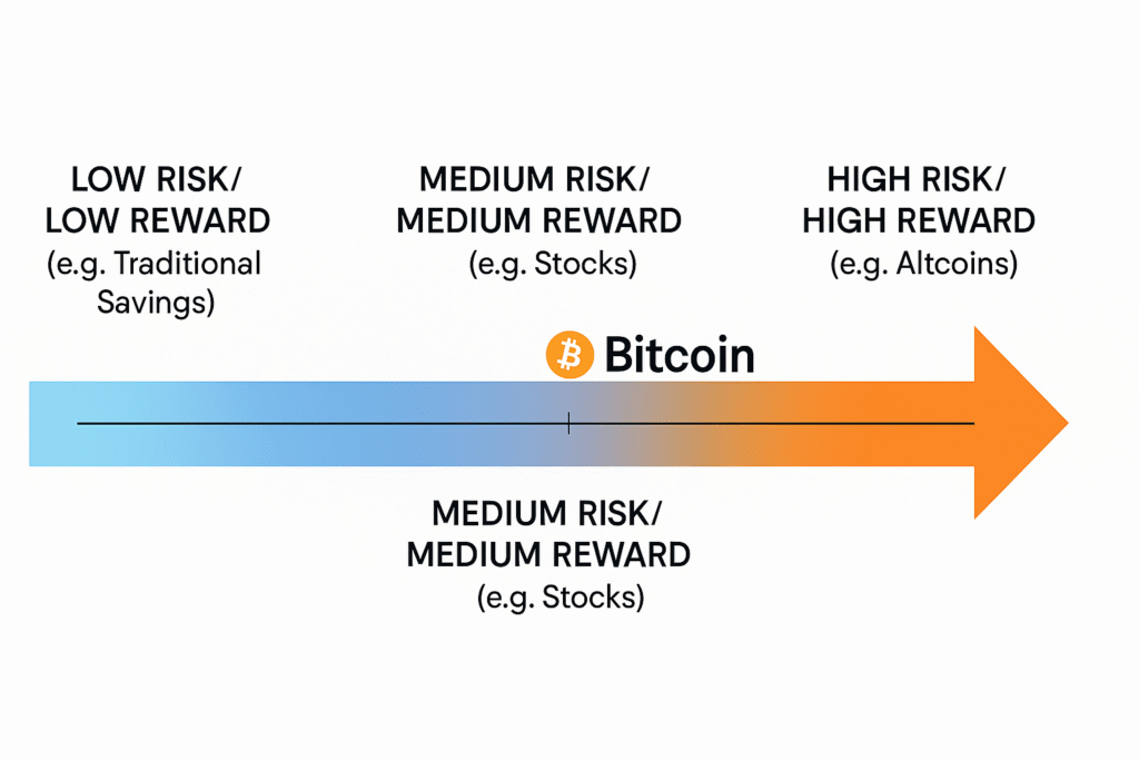 Investment risk-reward spectrum graphic showing Traditional Savings as Low, Stocks as Medium, Bitcoin as middle-high, and Altcoins as High Risk/High Reward.