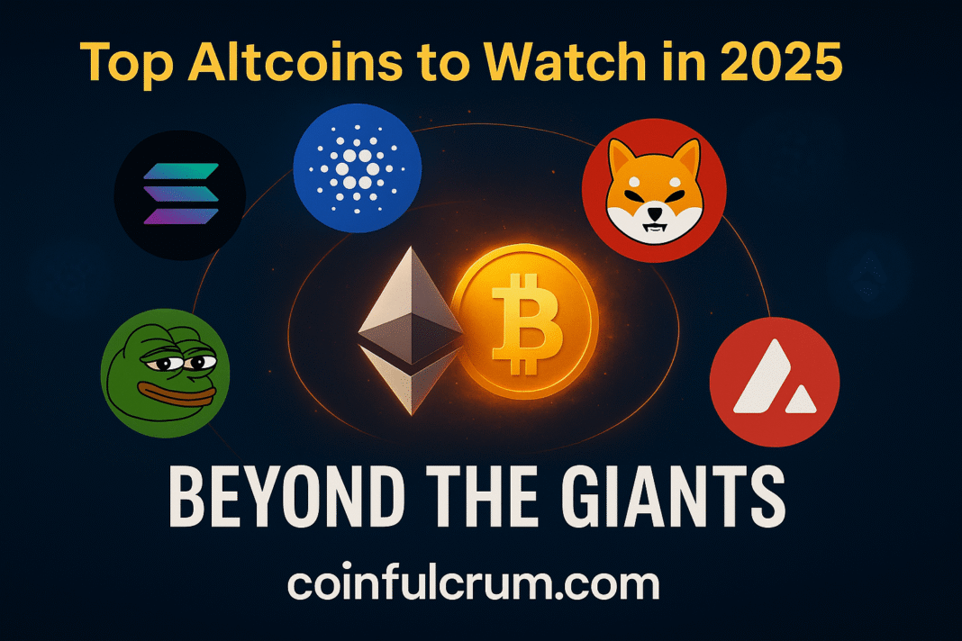 Glowing Bitcoin and Ethereum symbols surrounded by orbiting logos of altcoins like Solana (SOL), Cardano (ADA), Avalanche (AVAX), Shiba Inu (SHIB), and Pepe (PEPE), symbolizing the growth of promising altcoins beyond the giants.