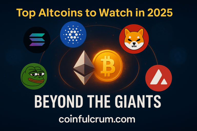 Glowing Bitcoin and Ethereum symbols surrounded by orbiting logos of altcoins like Solana (SOL), Cardano (ADA), Avalanche (AVAX), Shiba Inu (SHIB), and Pepe (PEPE), symbolizing the growth of promising altcoins beyond the giants.