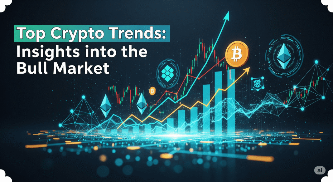 A vibrant graphic depicting upward-trending financial charts with Bitcoin and Ethereum symbols, against a background of abstract blockchain networks and glowing lines, symbolizing growth and digital finance in a bull market.