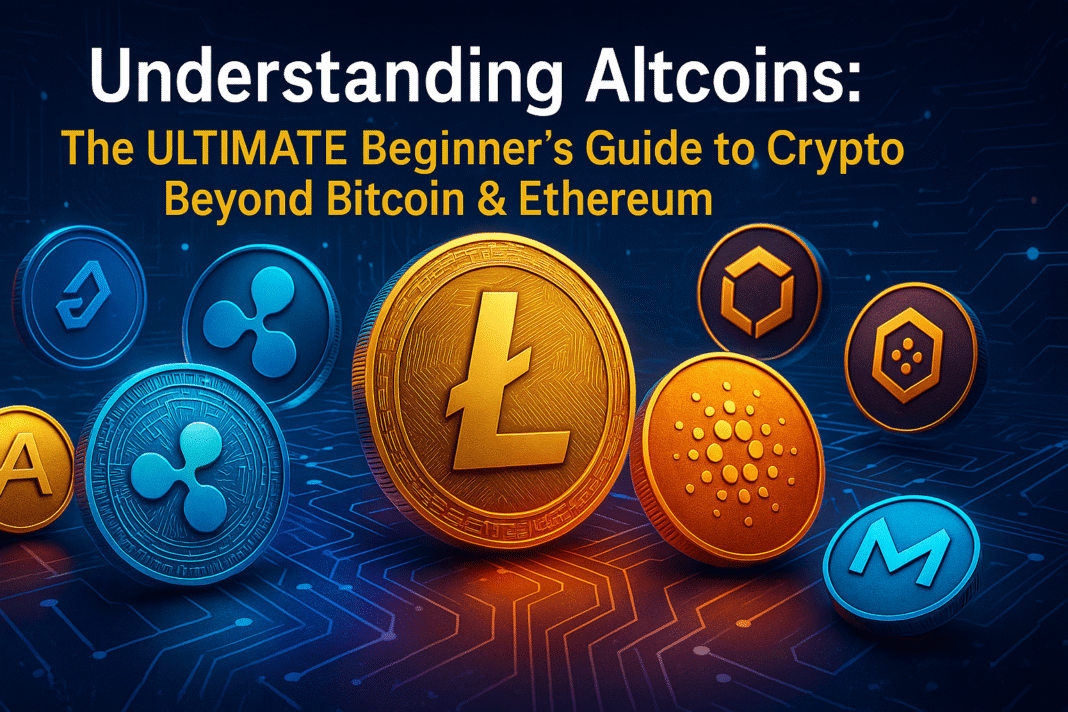 Collage of altcoin symbols including Litecoin, Ripple, and Cardano on a futuristic blockchain background, representing innovation and crypto diversity beyond Bitcoin and Ethereum.