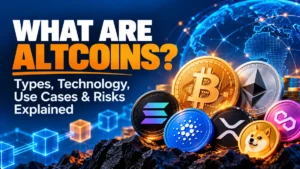 What are altcoins infographic featuring Bitcoin, Ethereum, Solana, Cardano, XRP, and other cryptocurrencies with blockchain technology illustrations.