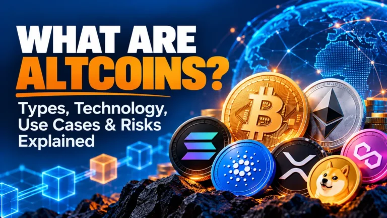 What are altcoins infographic featuring Bitcoin, Ethereum, Solana, Cardano, XRP, and other cryptocurrencies with blockchain technology illustrations.