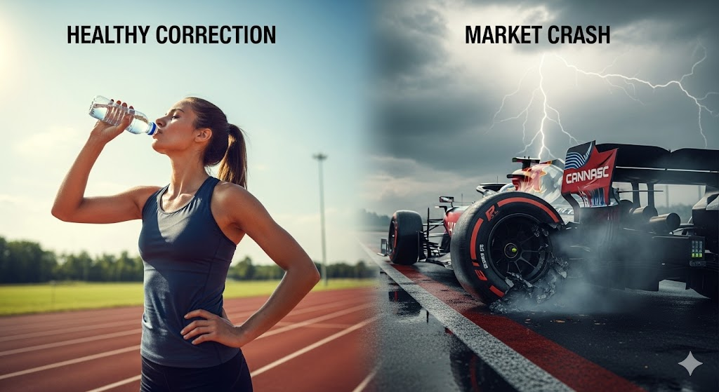 Split image showing a healthy runner drinking water (representing a market correction) on the left, and a crashed, smoking race car under a lightning storm (representing a market crash) on the right.