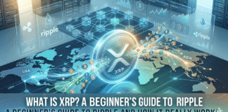 What Is XRP? A Beginner’s Guide to Ripple and How It Really Works A glowing XRP coin centered on a digital world map with glowing transaction lines connecting continents, representing Ripple's fast international money transfers.