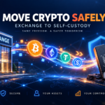 CoinFulcrum illustration showing Bitcoin, Ethereum, stablecoins, and crypto moving from a centralized exchange to a self-custody wallet and hardware wallet