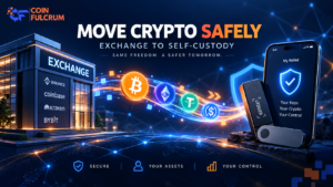 CoinFulcrum illustration showing Bitcoin, Ethereum, stablecoins, and crypto moving from a centralized exchange to a self-custody wallet and hardware wallet