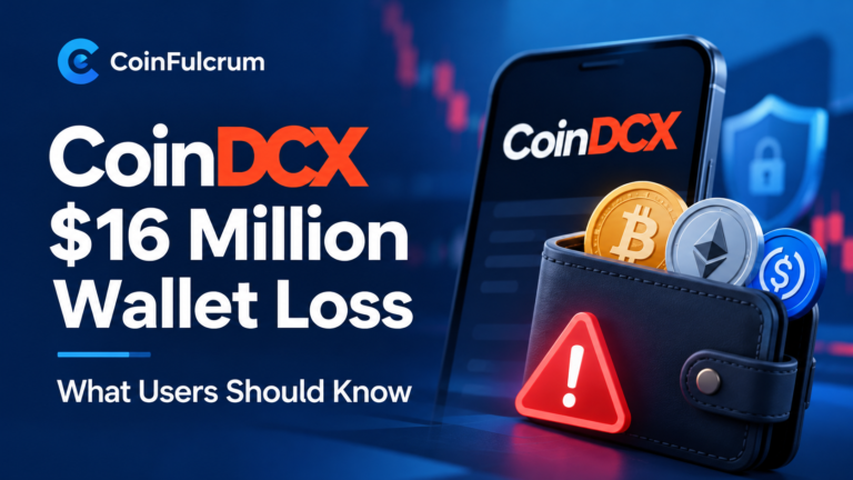 CoinDCX $16 million wallet loss illustration featuring cryptocurrency wallet, Bitcoin, Ethereum, and security warning.