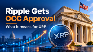 Ripple OCC approval featured image showing an XRP coin, U.S. bank building, and financial chart representing Ripple's national trust bank milestone.